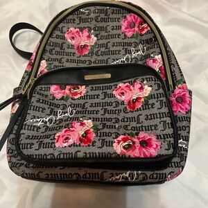 JUICY COUTURE Y2K Grey & Pink Rose Pattern PVC Small Zip Backpack Purse EUC